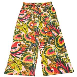 Eliane Rose Wide Leg Belted Palazzo Crop Pants Tropical Parrot Macaw AOP Women M
